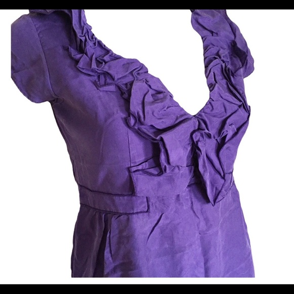 REBECCA TAYLOR V Cut Cocktail Dress With Ruffle Detail & Cap Sleeves Purple Sz 2 - Picture 5 of 12